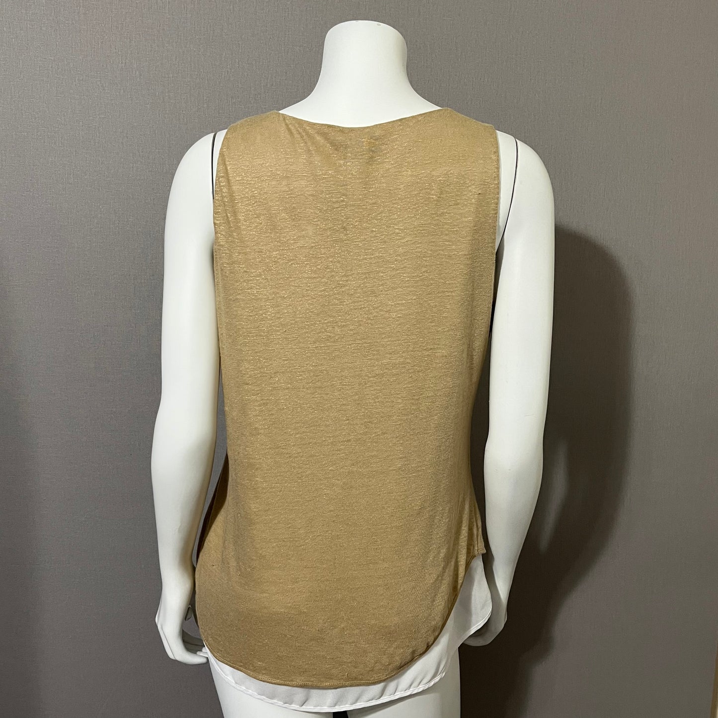 Linen Ecru Tan Shimmer Linen Mixed Media Sleeveless Shell Tank Top Sz-Large