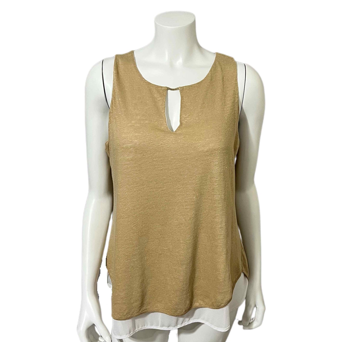 Linen Ecru Tan Shimmer Linen Mixed Media Sleeveless Shell Tank Top Sz-Large