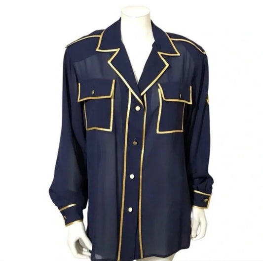 Blue Sheer Button Front Blouse Gold Trim Nautical Top Sz-8