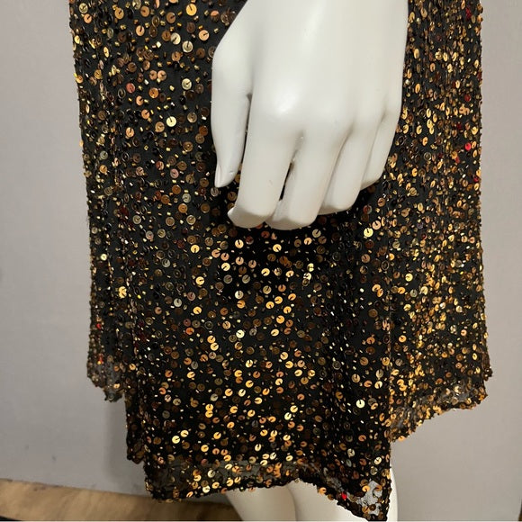 Vintage Oleg Cassini Black Gold Sequin Fit & Flare Dress Sz-12