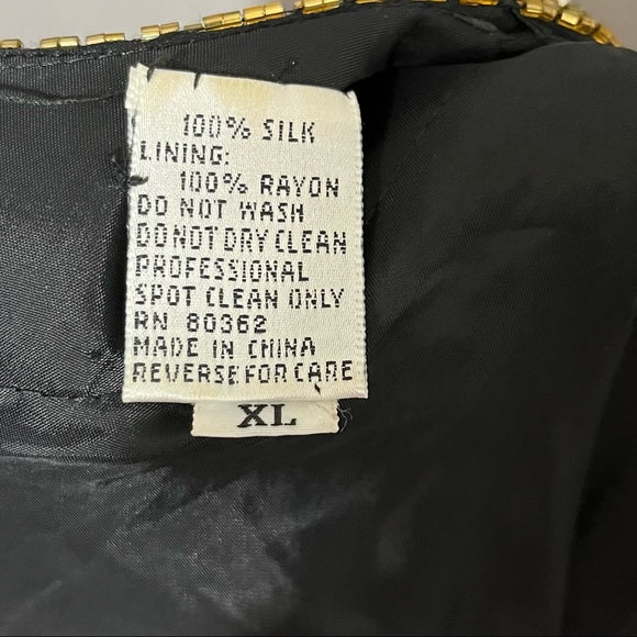Vintage Sequin Silk Black With Sheer Sleeve Sweatheart Neckline Sz-Xtra Large