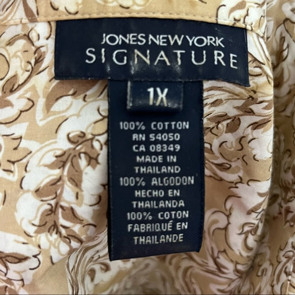Jones New York Brown Leaf Print Cotton Button Front Shirt Sz-1X