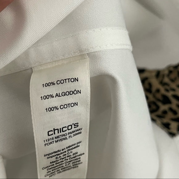 Chico’s White with Leopard Pocket Cotton Button Front Shirt Sz 1 (Medium)