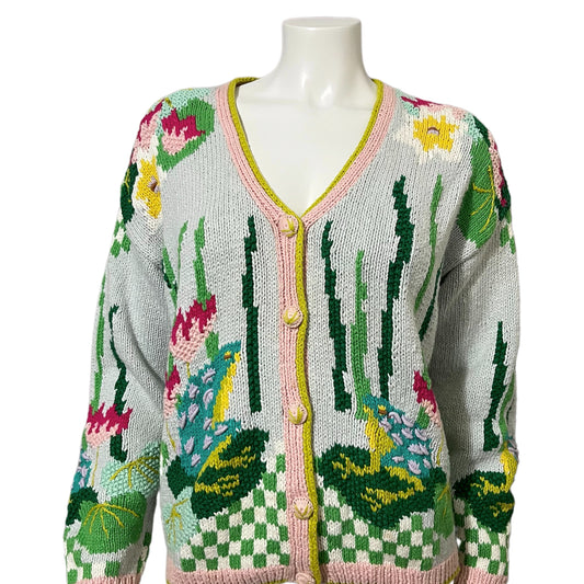 Vintage Cardigan Bay Hand-knit Floral Colorful Cotton/Ramie Cardigan Sz-Small