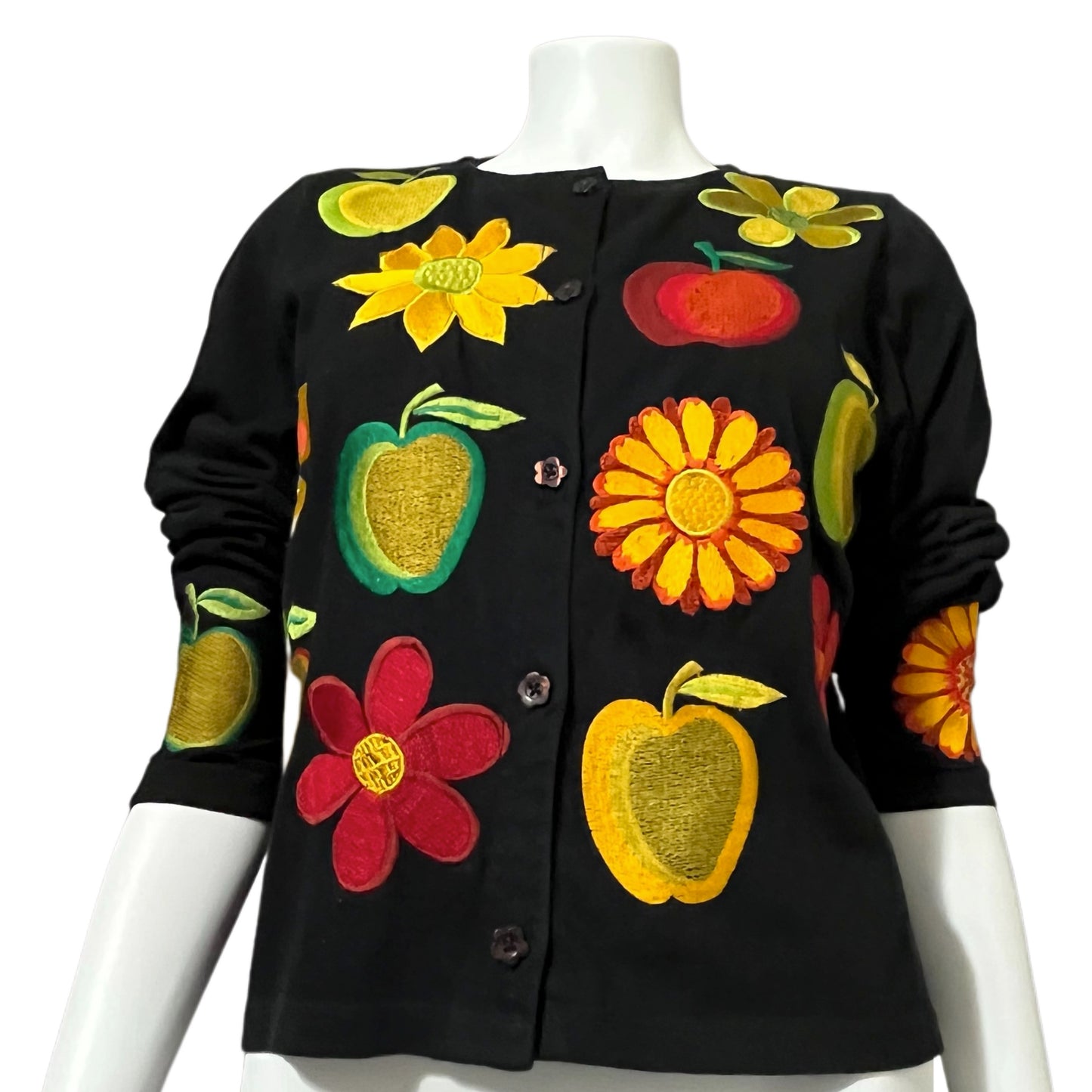Cotton Black Fruit Embroidered Open Front Blazer Sz-Medium