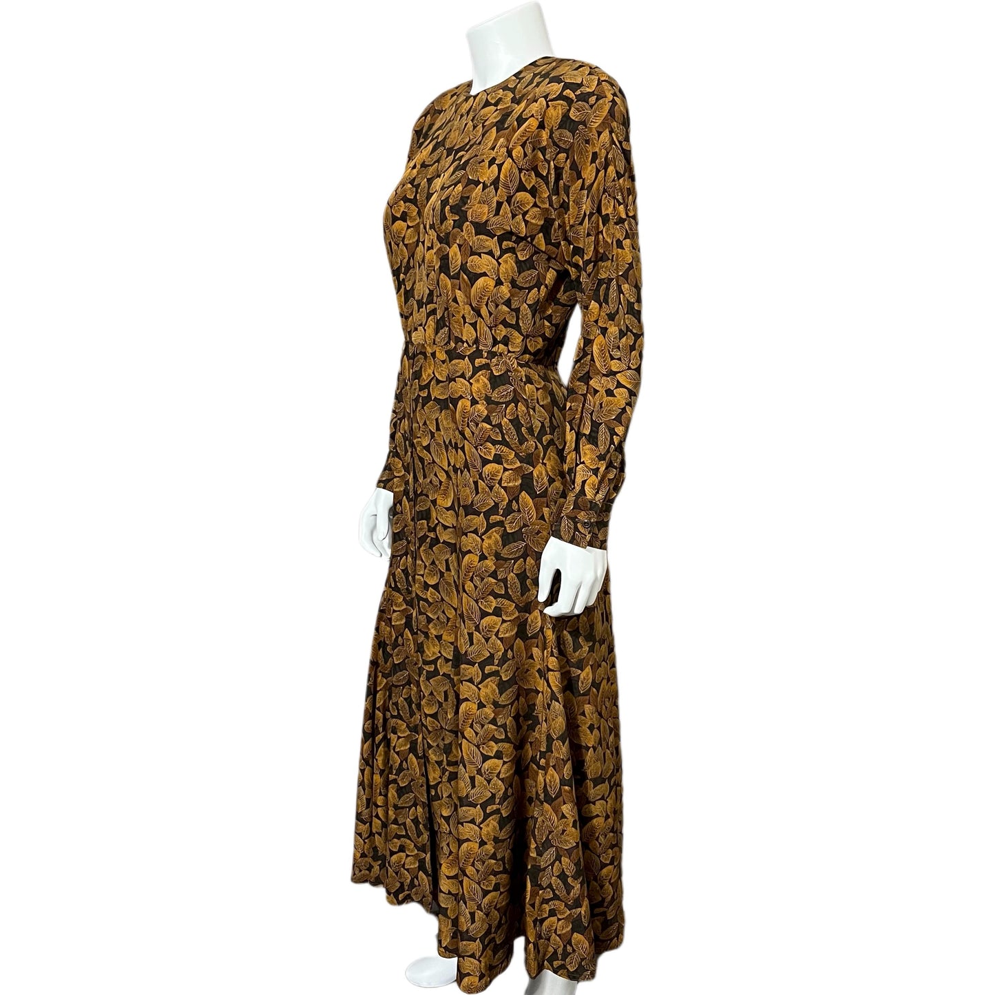 Vintage Gillian Silk Leaf Print MIDI Long Sleeve Dress Sz-4