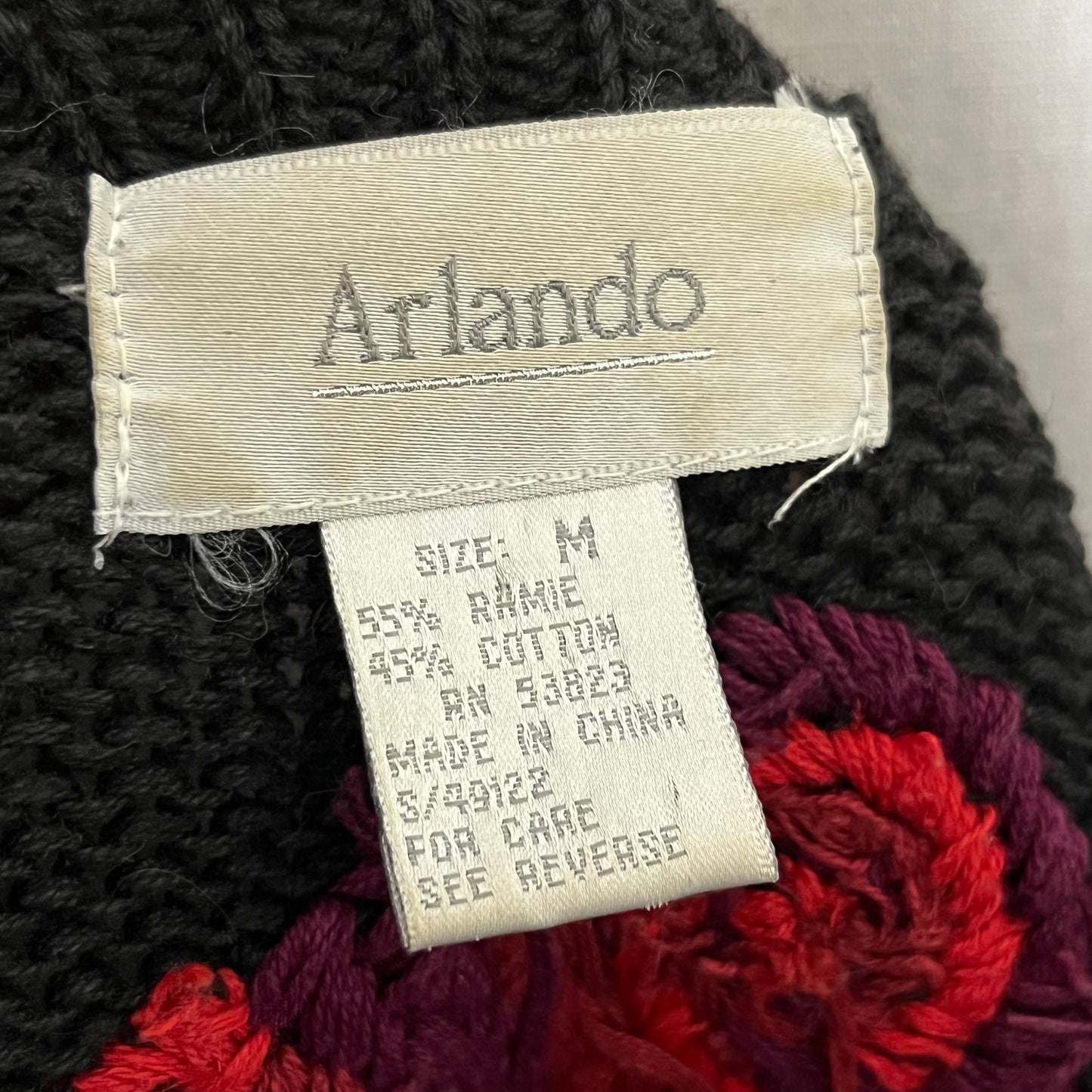 Vintage Arlando Black Artsy Floral Embroidery Ramie | Cotton Sweater Sz-Medium