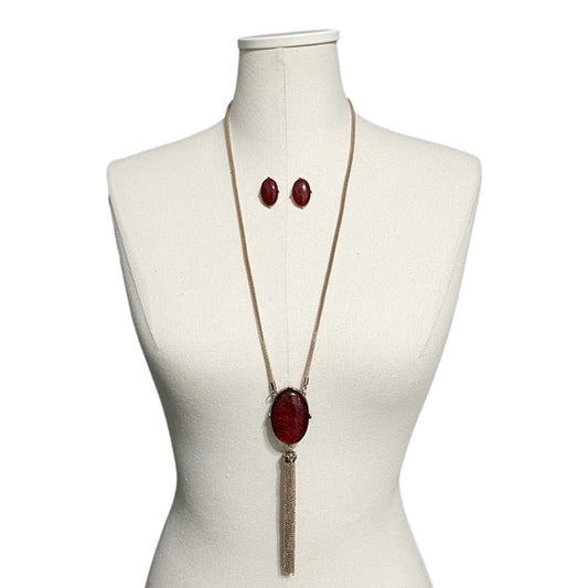 Maroon Stud Earrings | Stone With Tassel Necklace Set