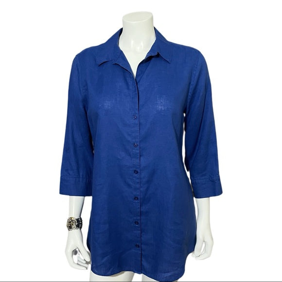 Chico’s Royal Blue Linen Button Front 3/4 Sleeve Sz 1 (Medium)