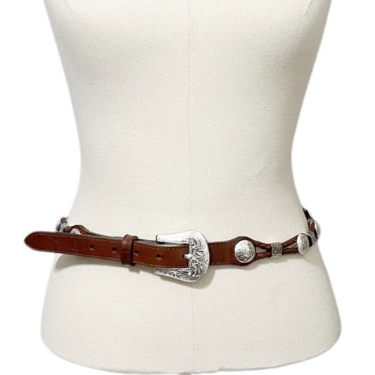 Tony Lama Brown Leather Silver Hardware/Buckle Skinny Belt Sz-32