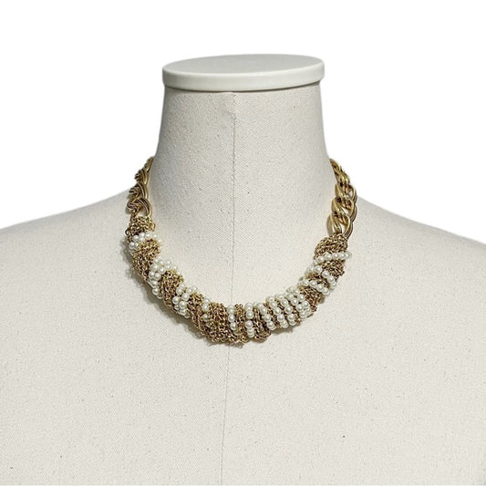 Gold Pearl Chain Statement Necklace