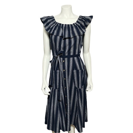 Vivi by Violet Weekend Ruffle Collar Navy Cotton Striped Dress Sz-Medium