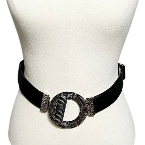 Chico’s Black Leather Adjustable Belt With Circle Metal Buckle Sm/Med