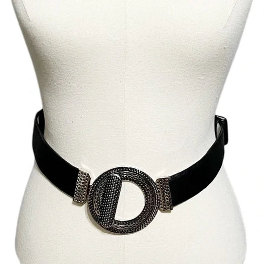 Chico’s Black Leather Adjustable Belt With Circle Metal Buckle Sm/Med