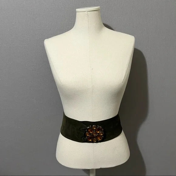 Vintage Olive Green Wide Suede Leather With Floral Buckle Belt Sz-XL
