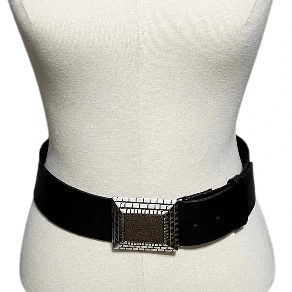 Chico’s Black Genuine Leather Wide Belt With Silver Square Buckle Medium