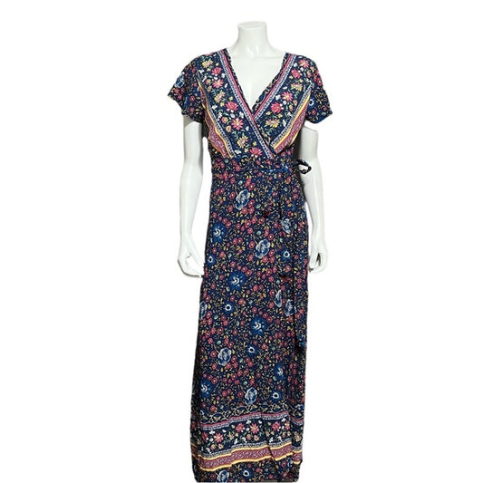 Floral V-Neck 100% Cotton Multicolored Maxi Wrap Dress Sz-Medium