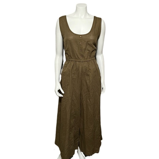 World Market Olive Green Linen/Cotton Wide Leg Jumpsuit Sz-Lg-XL