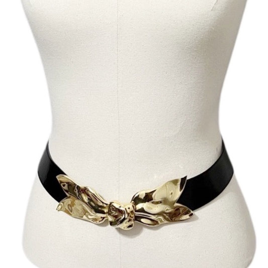Vintage Black Leather Gold Floral Buckle Adjustable Belt Sz-Small/Large