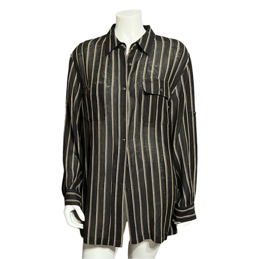 Lauren Ralph Lauren Black/Tan Stripe Silk Linen Shirt Sz-2X