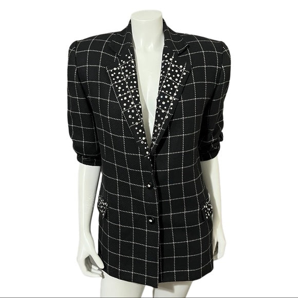 Vintage Criscione Black Windowpane Jeweled Wool Silk Blazer Sz-Large