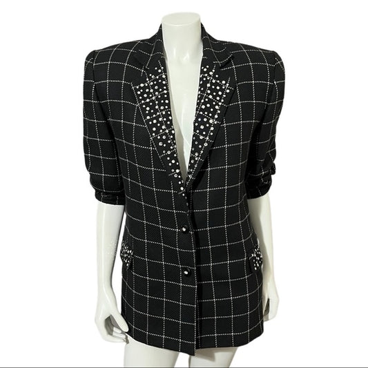 Vintage Criscione Black Windowpane Jeweled Wool Silk Blazer Sz-Large