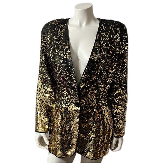 Oleg Cassini Black | Gold Sequin Open Front Silk Jacket Sz- Medium