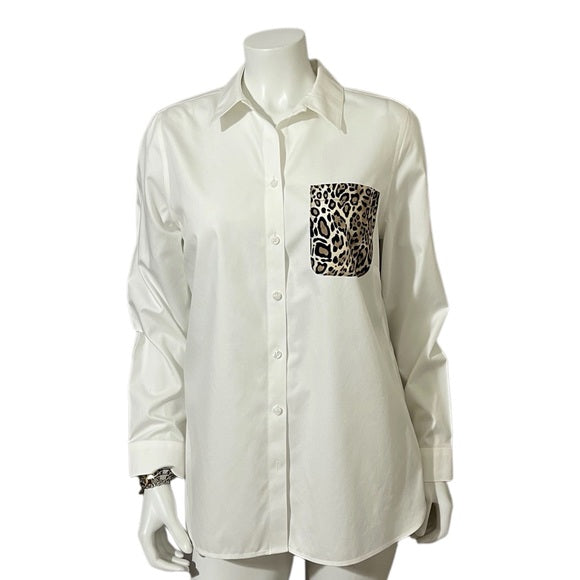 Chico’s White with Leopard Pocket Cotton Button Front Shirt Sz 1 (Medium)