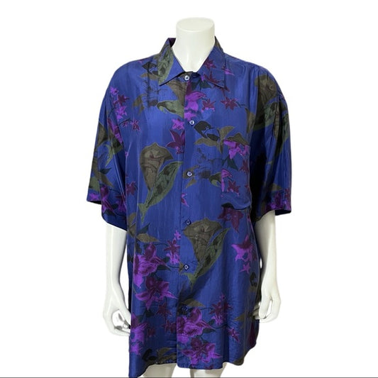 Silks Blue Floral Hawaiian Theme 100% Silk Mens Shirt Sz-Large