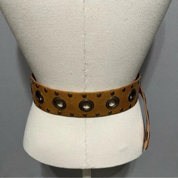 Cognac Wide Belt With Metal Circle Details Large