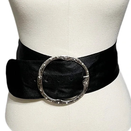 Vintage Black Leather Wide With Large Circle Buckle
