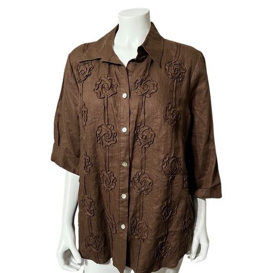 Edward Women Chocolate Linen Raise Floral Shirt Sz-1X