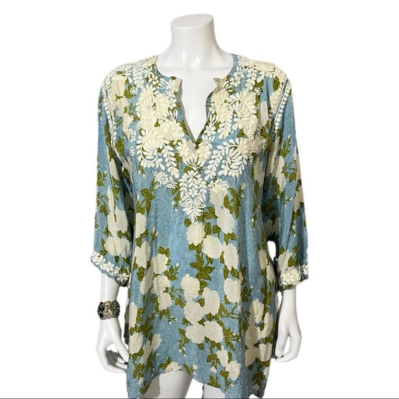 Amaya Light Blue Floral Embroidered Tunic Top 3/4 Sleeve Sz-Medium