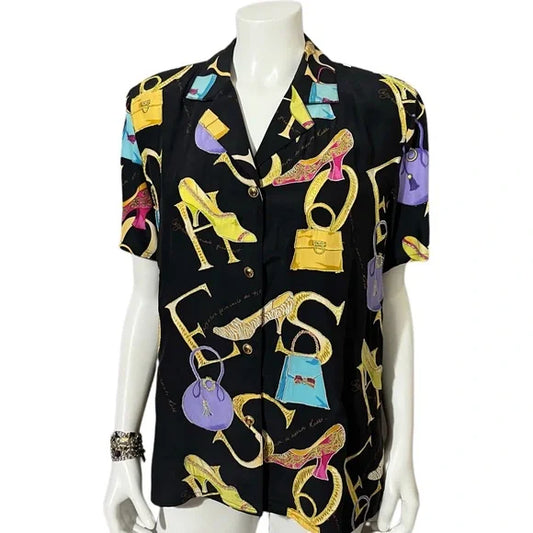 Vintage Black Silk Artsy Button Front Short Sleeve Shirt Sz-12