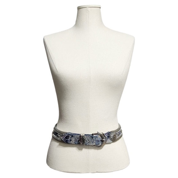 Blue Rhinestones Silver Metal Made In Italy Leather Belt Sz-Large