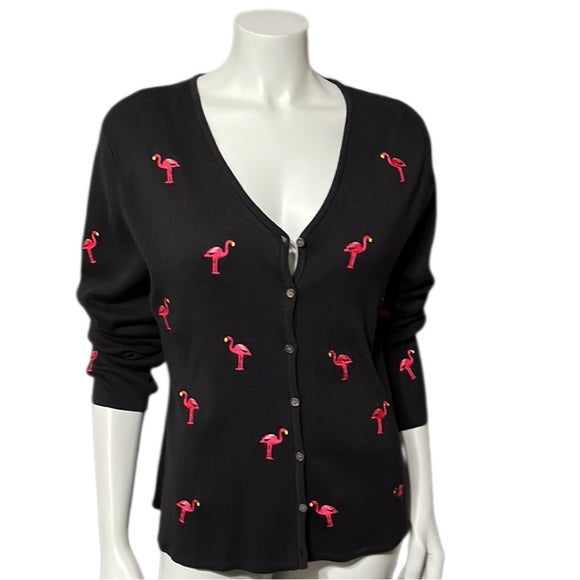 Mercer & Madison Black V-neck Cardigan Flamingo Print Sz- Large