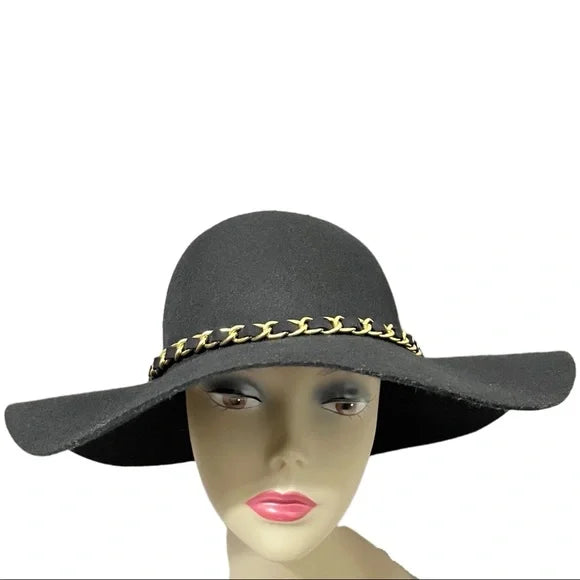 Black 100% Wool Floppy With Gold Chain Hat Sz-One Size