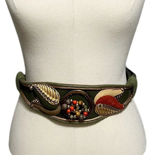 Carolyn Tanner Vintage Suede Leather Green Beaded Belt Adjustable