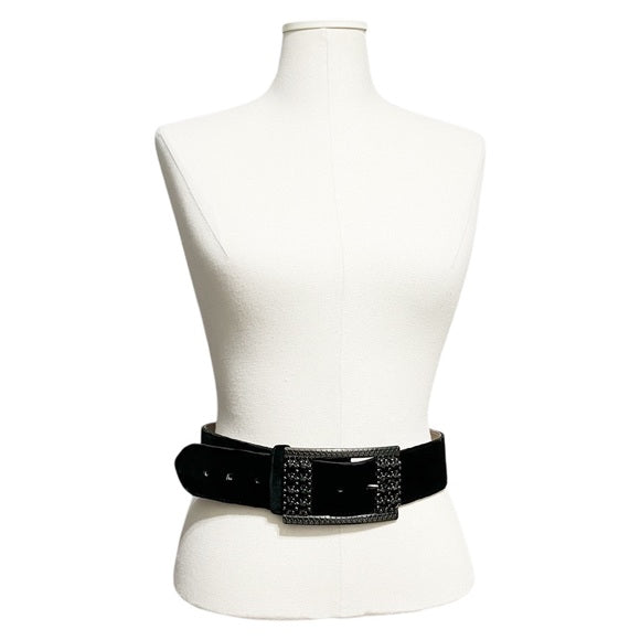 Chico’s Black Velvet Leather Gunmetal Gray Rhinestone Belt Sz-Small/Medium