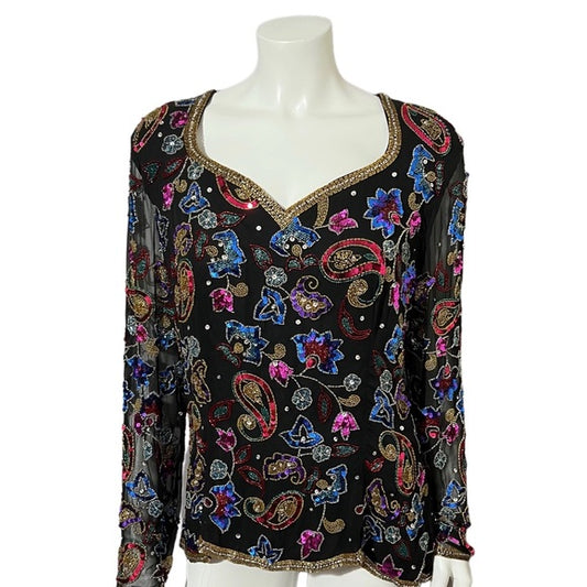 Vintage Sequin Silk Black With Sheer Sleeve Sweatheart Neckline Sz-Xtra Large