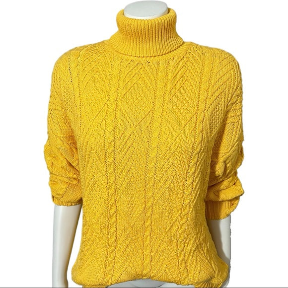 Wainscott Mustard Yellow Cotton Chunky Cable Knit Turtleneck Sz-Large