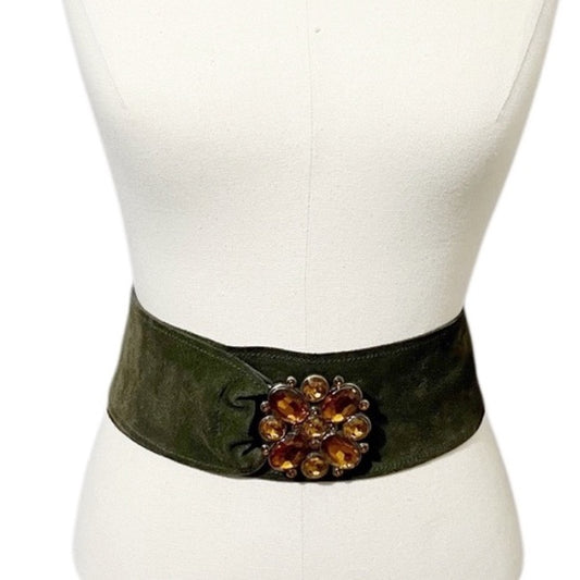 Vintage Olive Green Wide Suede Leather With Floral Buckle Belt Sz-XL