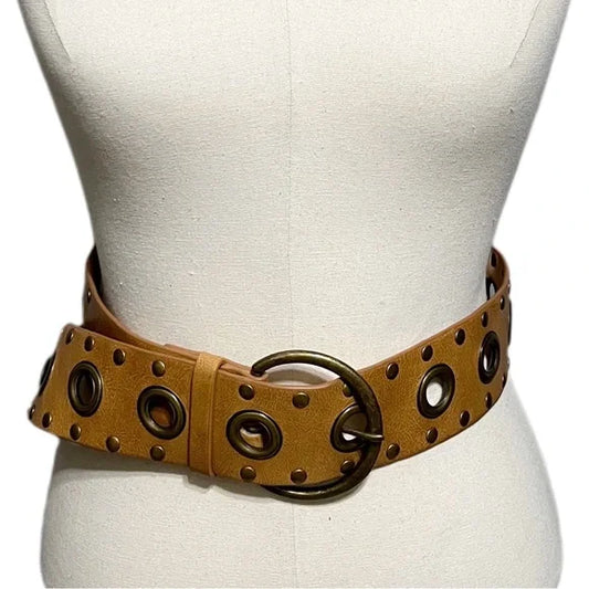 Cognac Wide Belt With Metal Circle Details Large