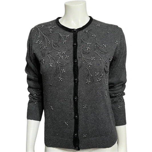 Yarnworks Dark Grey Beaded Knit Cardigan Size Small