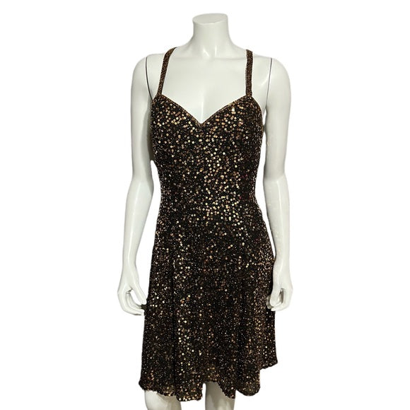 Vintage Oleg Cassini Black Gold Sequin Fit & Flare Dress Sz-12