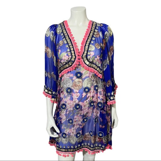 Jode Royal Blue | Pink Silk Pom Pom Tunic Top 3/4 Sleeve Sz Extra Large