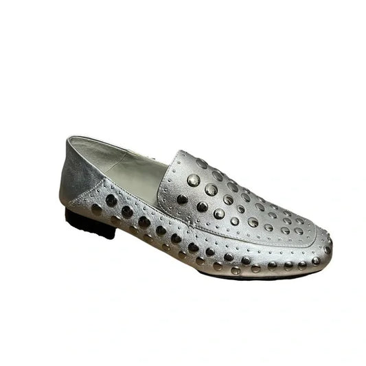 1. State Silver Metallic Leather Studded Loafers Sz-9 1/2 M