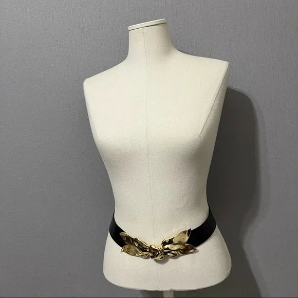 Vintage Black Leather Gold Floral Buckle Adjustable Belt Sz-Small/Large