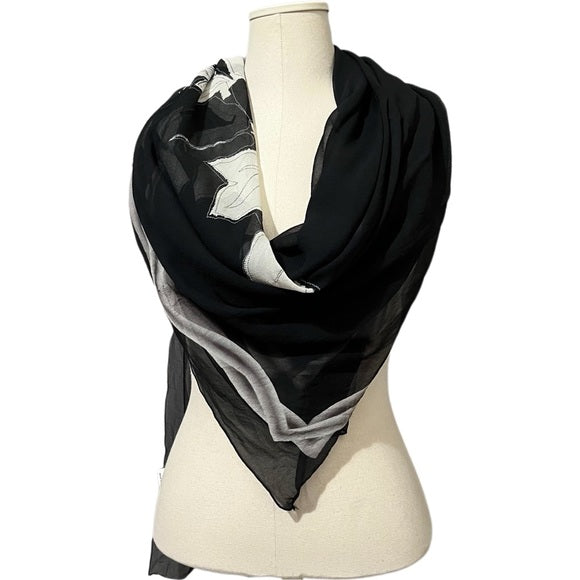 Gottex Black | White Sheer Silk Floral Scarf
