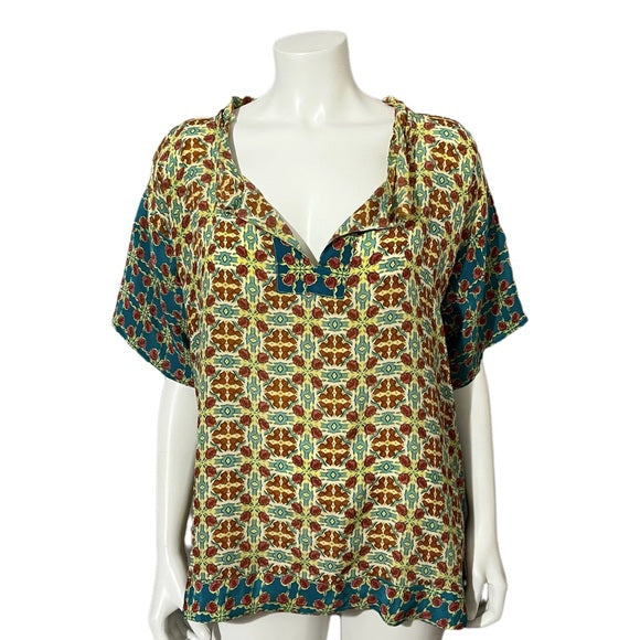 Sundance Multi-Color Print 100% Silk Short Sleeve Top Sz Large